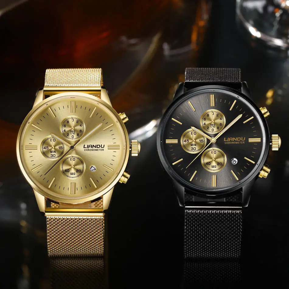 Мужские кварцевые часы LIANDU с сетчатым браслетом из нержавеющей стали
