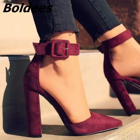 Glamorous Line Buckle Style Pointy Block Heel Pumps Classy Burgundy Suede Heels Chic Women Fashionable Chunky Dress Shoes | Обувь