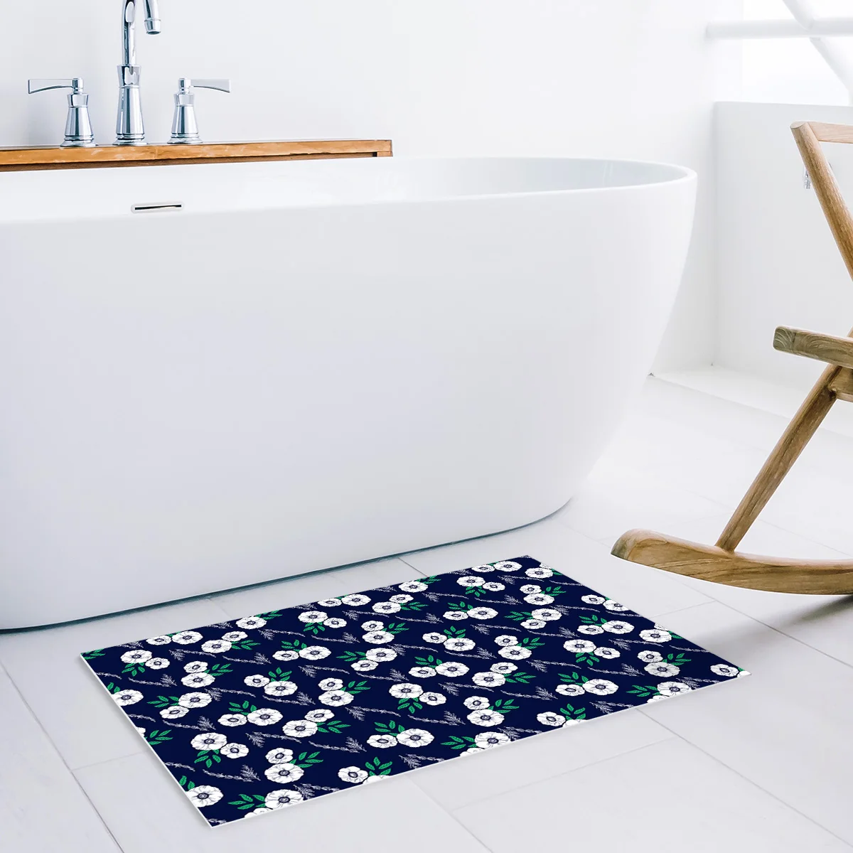 Темно синий и белый цветочный винтажный коврик для ванной комнаты с занавеской