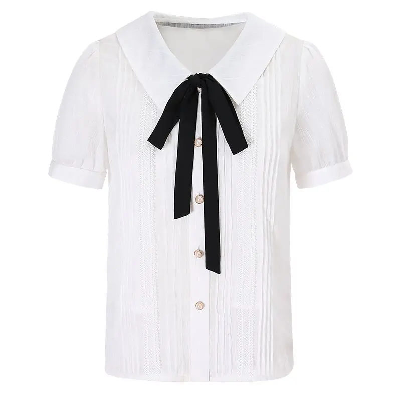 

Chiffon shirt 2019 summer brand women's lapel solid color stitching lady comfortable casual commuter female wild chiffon shirt