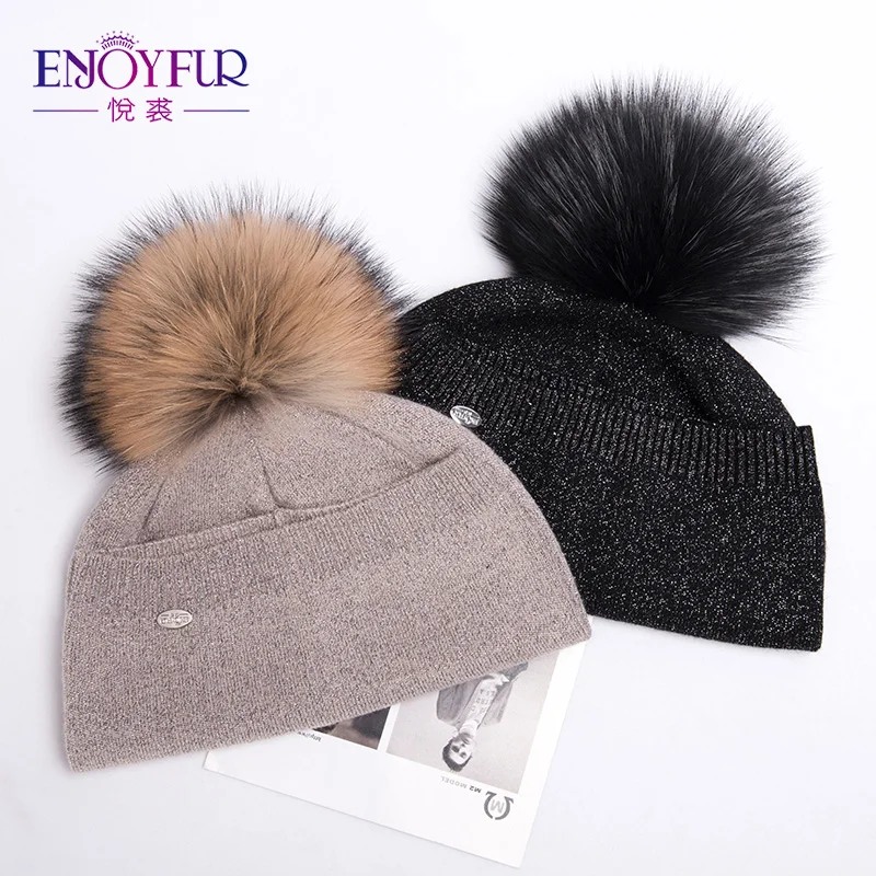 Enjoyfur из натурального меха енота Pom Hat женские шерстяные вязаные шапки зимние для