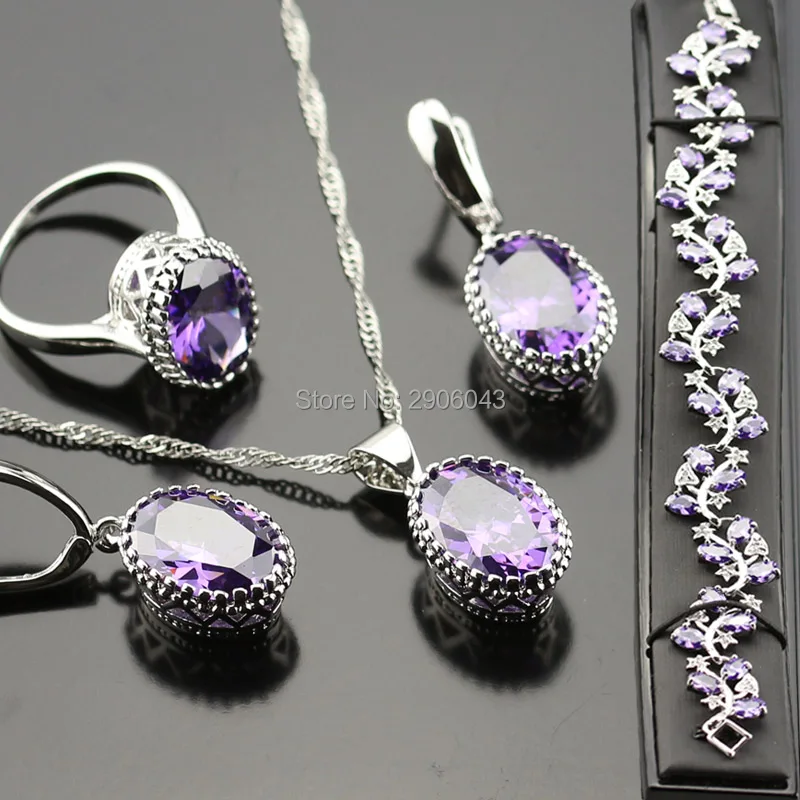 Exquisite Silver Color Jewelry Sets For Women Purple zircon Necklace/Earrings/Ring/Bracelet Crystal Set Bjs02-002-02 | Украшения и