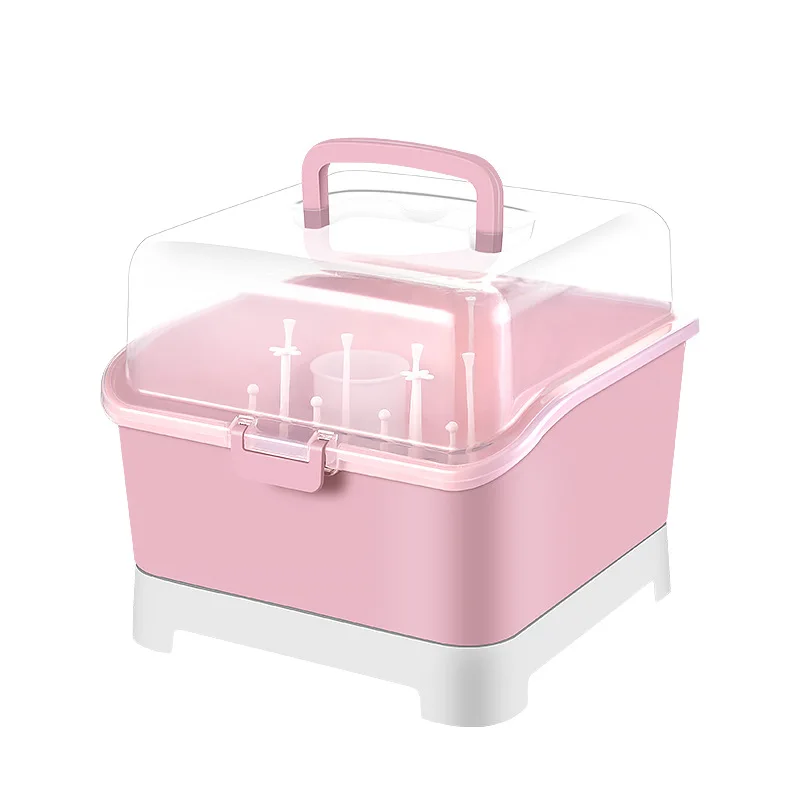 Pink Сушилка для детской бутылки, портативная коробка для хранения детских бутылок, большая Съемная Пылезащитная Полка для сушки рама для сушки - Цвет: Pink