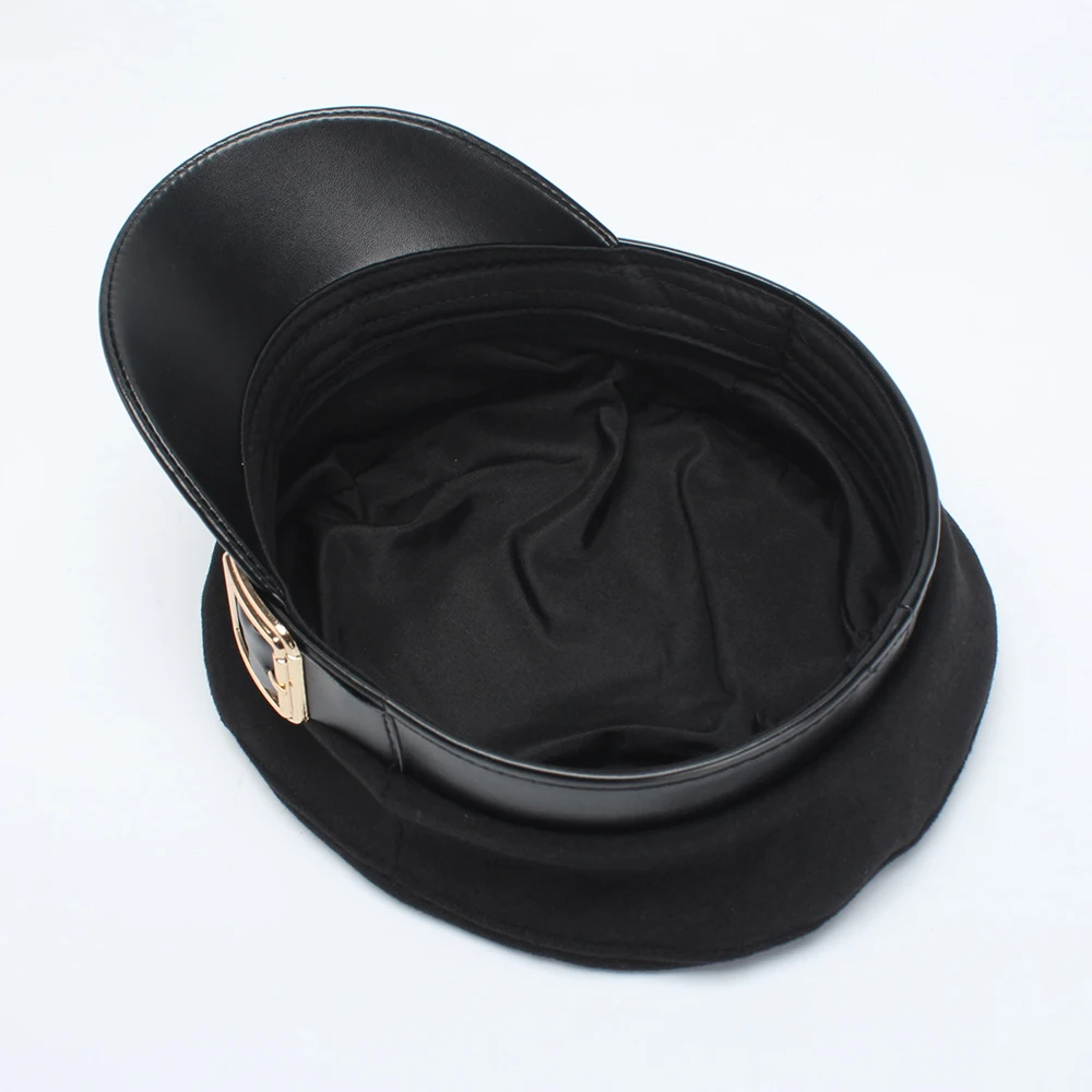 

ROSELUOSI Women Black Military Hats Autumn Winter Fashion Wool Pu Leather Patchwork Newsboy Caps With Belt Female Gorras