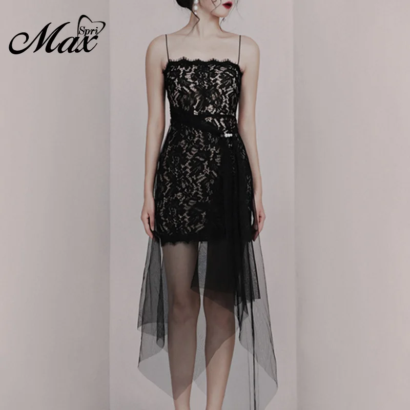 Max Spri 2019 New Elegent Black Women Party Spaghetti Strap Backless Floral Lace Sashes Pearl Asymmetrical Hemline Midi Dress | Женская