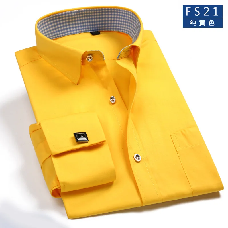 FS21 Pure yellow Мужские французские рубашки запонки новые мужские рубашки формальные мужские рубашки с длинным рукавом приталенные качественные брендовые французские рубашки с манжетами 4XL - Цвет: FS21 Pure yellow