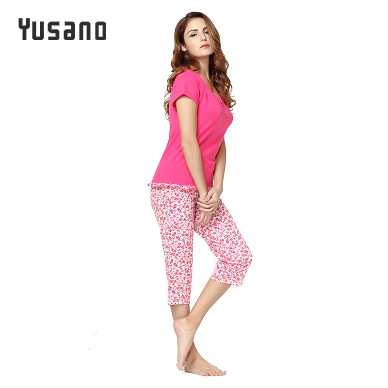 Женские пижамные комплекты Капри с коротким рукавом v-образным вырезом пижамы на