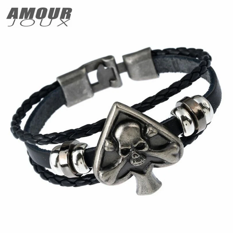AMOURJOUX панк черный из натуральной кожи Плетеный в форме сердца Скелет Шарм