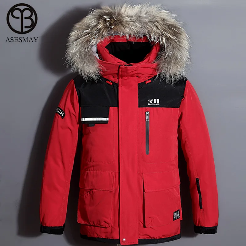 Asesmay, Новое поступление, мужские зимние куртки, 90% белый утиный пух, парки, пальто для мужчин, зимняя Толстая теплая куртка с капюшоном, натуральный мех, верхняя одежда - Цвет: Red