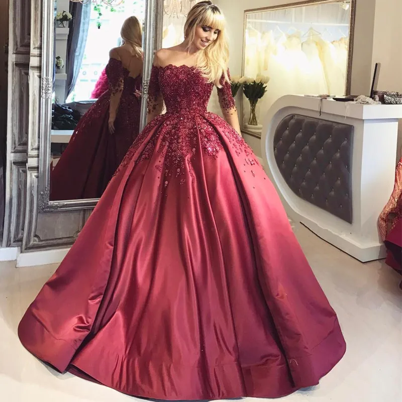 

Bungundy Puffy 2019 Cheap Quinceanera Dresses Ball Gown Half Sleeves Appliques Lace Pearls Sweet 16 Dresses
