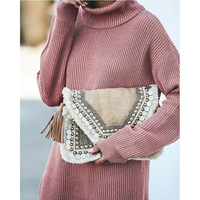 Autumn Winter Office Long Turtleneck Pulover Pink Knitted Warm Sweater Dress Women Korean Streetwear Sleeve Ribbed | Женская одежда