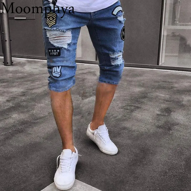 Мужские потертые джинсы Moomphya Прямые рваные до колена с нашивкой короткие брюки в