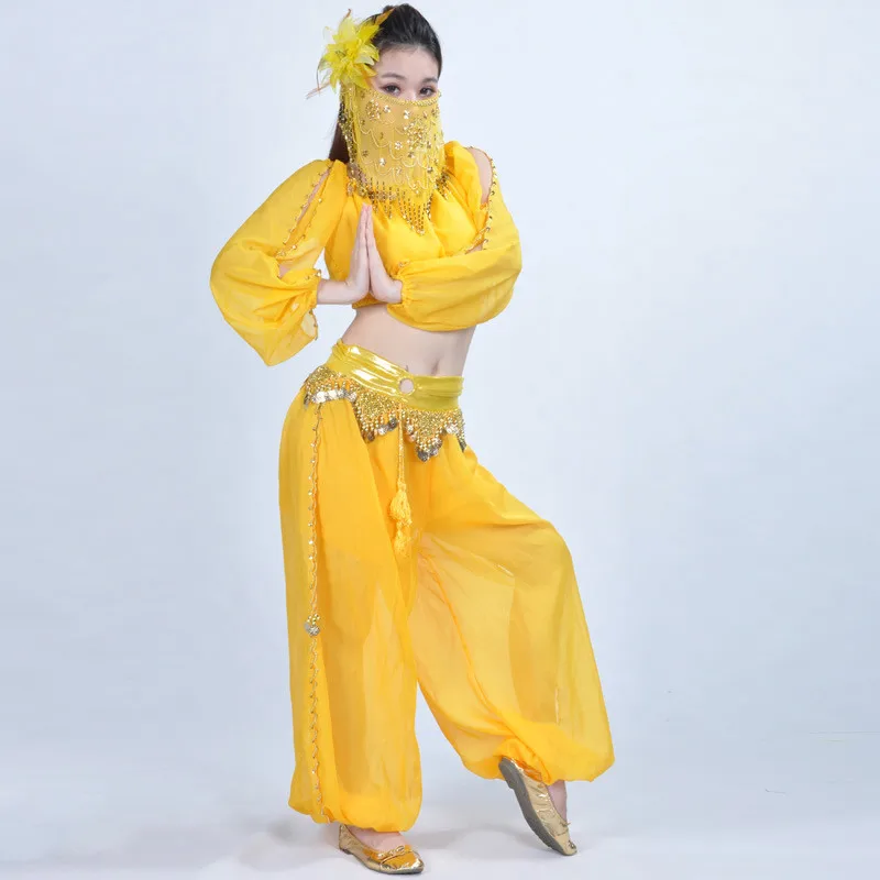 Yellow Женский костюм для танца живота Египетский костюм Болливуд для взрослых индийский танец 3 шт. комплект фонарь с длинным рукавом+ шаровары+ Лицевая вуаль - Цвет: Yellow