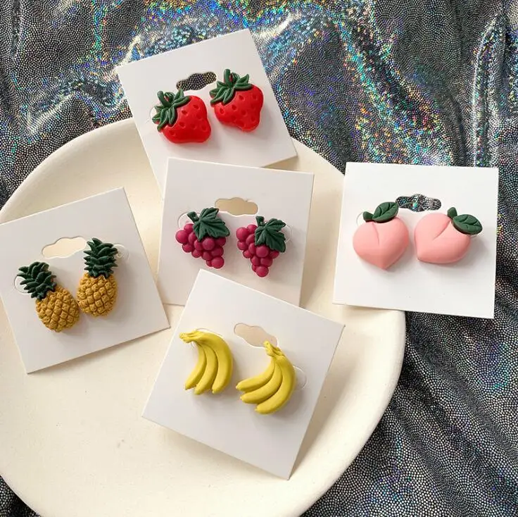 Summer Style Cute Fruit Fashion Stud Earrings For Women Lovely Pink Peach Strawberry Pineapple Party Earring Hot Sale | Украшения и