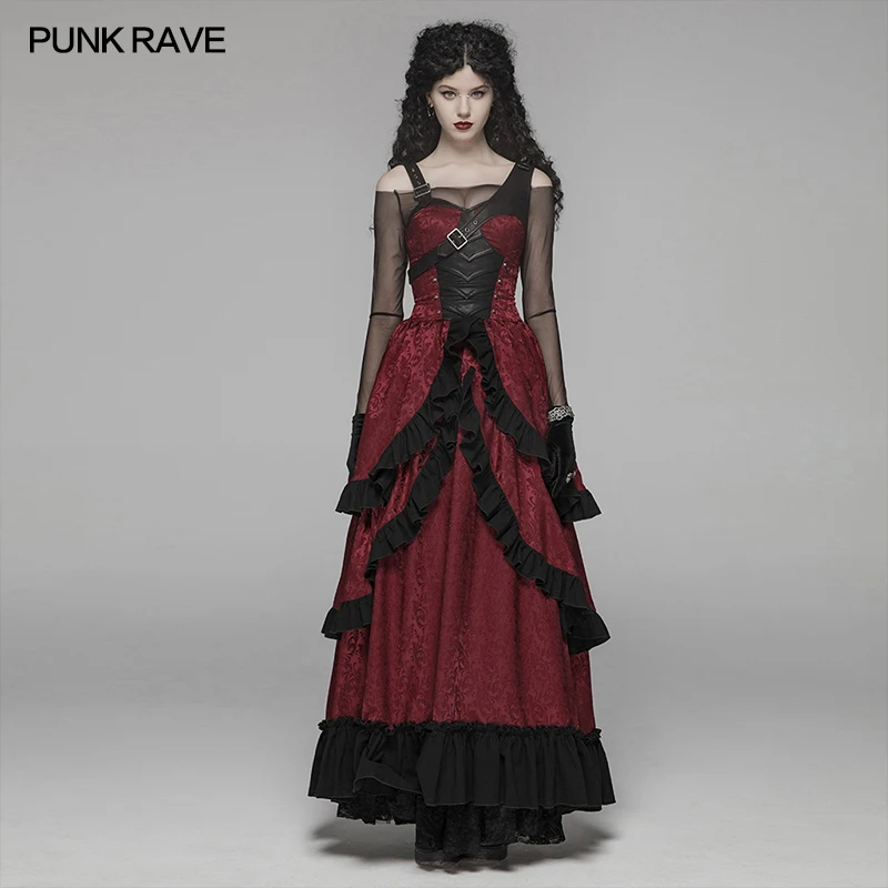 Black-Red WQ-408LQF Панк рейв женские стимпанк Черное и красное великолепное викторианское длинное платье готическое Рождество Хэллоуин вечерние Клубные сексуальные макси платья - Цвет: Black-Red WQ-408LQF