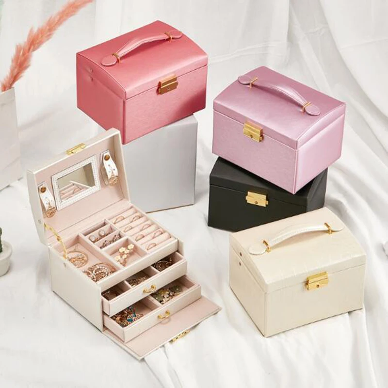 LuxJuly Jewelry Storage Box with Drawer Portable Cosmetic Case Multi-Layer Solid Color PU Leather Package | Украшения и