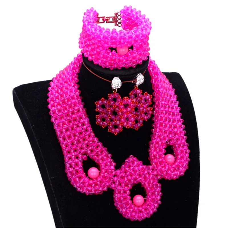 

Statement Bridal Jewelry Sets Crystal Fuchsia Costume African Necklace Sets For Women Hot Pink Nigerian Wedding Jewellery Set