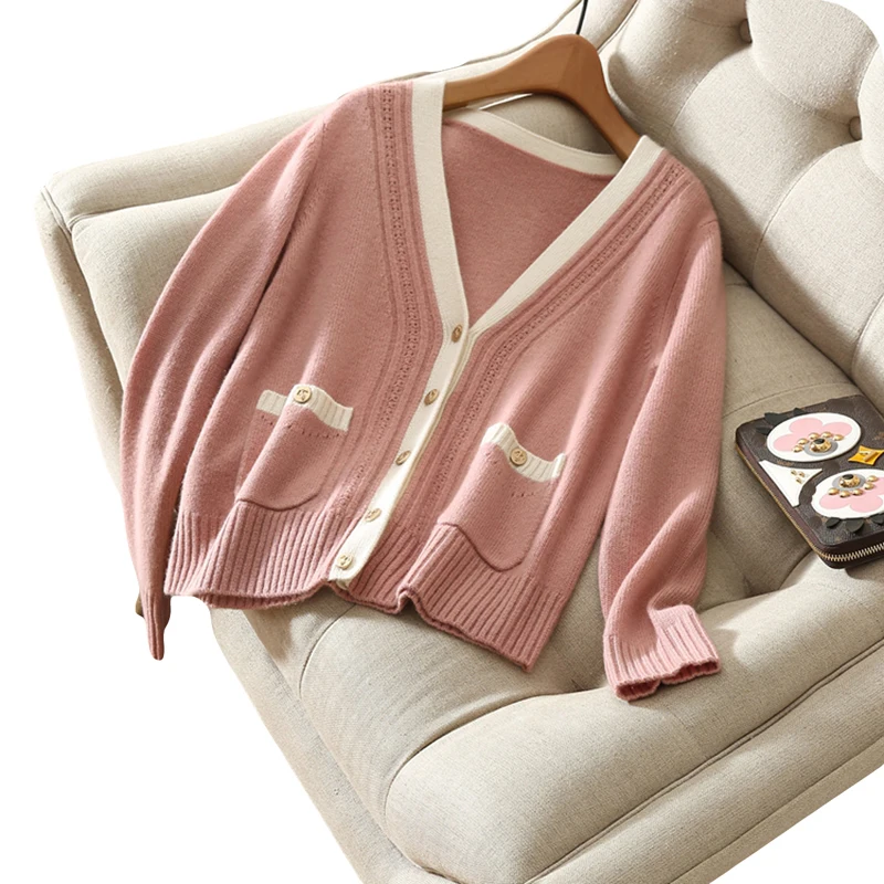 Women Patchwork Autumn Winter warm Elegant short Cardigan Ladies Match all Classic Cashmere Cardigans Sweater coat LJ0476 |