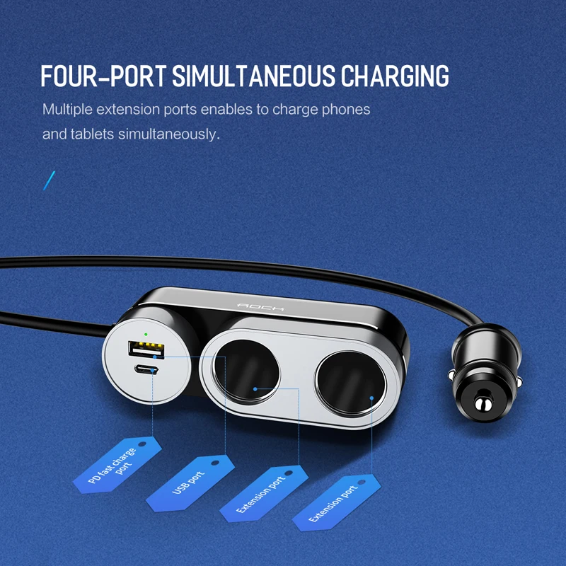 Rock 2 в 1 розетка для автомобильного прикуривателя Разветвитель штекер USB PD быстрое зарядное устройство адаптер 5.4A 100 Вт Обнаружение для телефона DVR