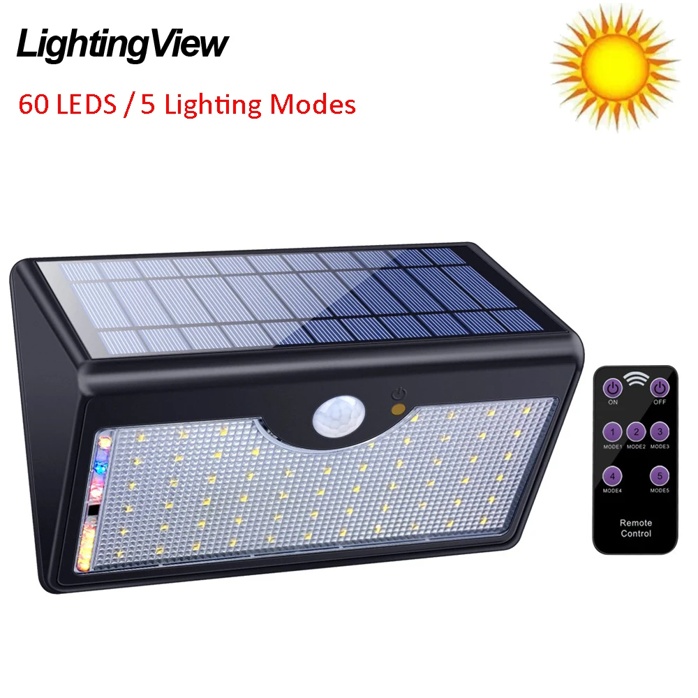 Lightingview 60 светодиодный 5 режимов водонепроницаемый светодиодный с солнечной батареей Свет Инфракрасный пульт ДУ PIR датчик движения Уличный настенный свет