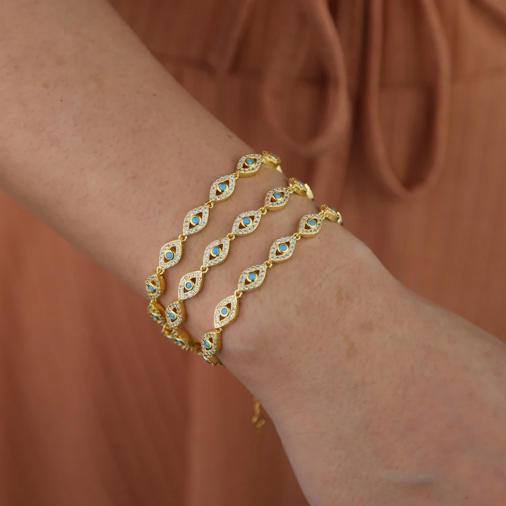 

15+4cm gold filled micro pave cz lovely turkish evil eye charm beads linked bracelet for girl women fashion jewelry