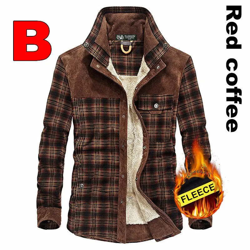 Red coffee Мужская зимняя теплая рубашка в клетку из плотного флиса, хлопок, мужская повседневная брендовая Высококачественная рубашка в армейскую зеленую клетку с длинным рукавом - Цвет: Red coffee