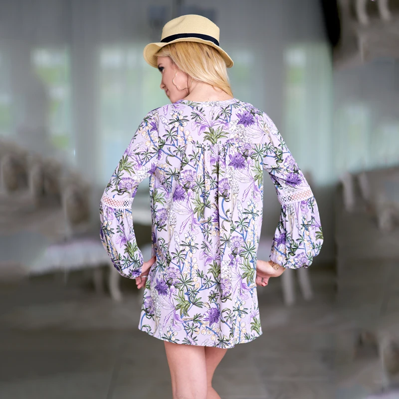 Viven Leigh V Neck Lace Up Print Mini Dress Women Loose Long Sleeve Short vestido 2018 Spring Streetwear Boho female | Женская одежда