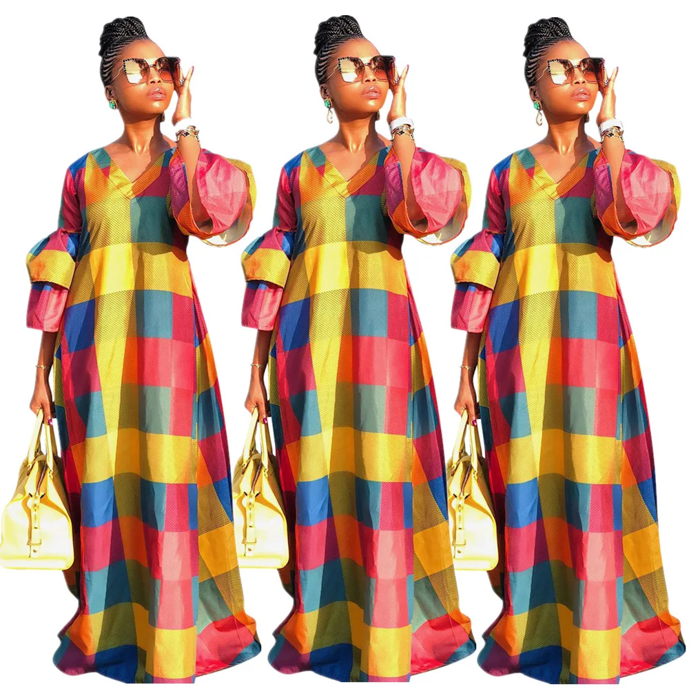 Платье женское длинное яркое с треугольным вырезом и рукавом фонариком|Женские