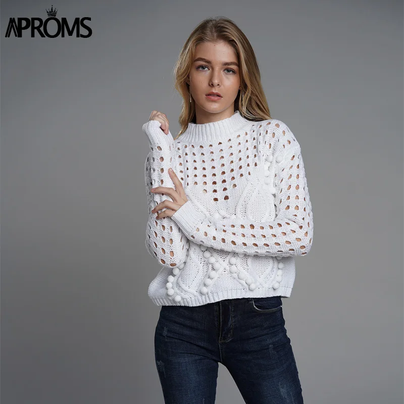 Chic White High Neck PomPom Ball Knitting Sweater Women Long Sleeve Cropped Autumn Winter Slim Pullover Jumper Top | Женская одежда