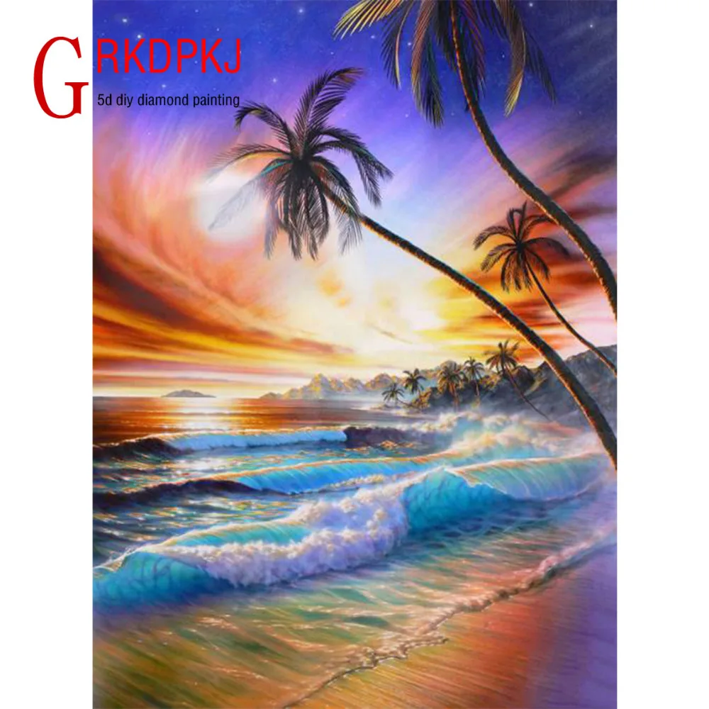 

2018 new diamond painting landscape painting diamond embroidery mosaic wave home decoration painting beach unfinished painting