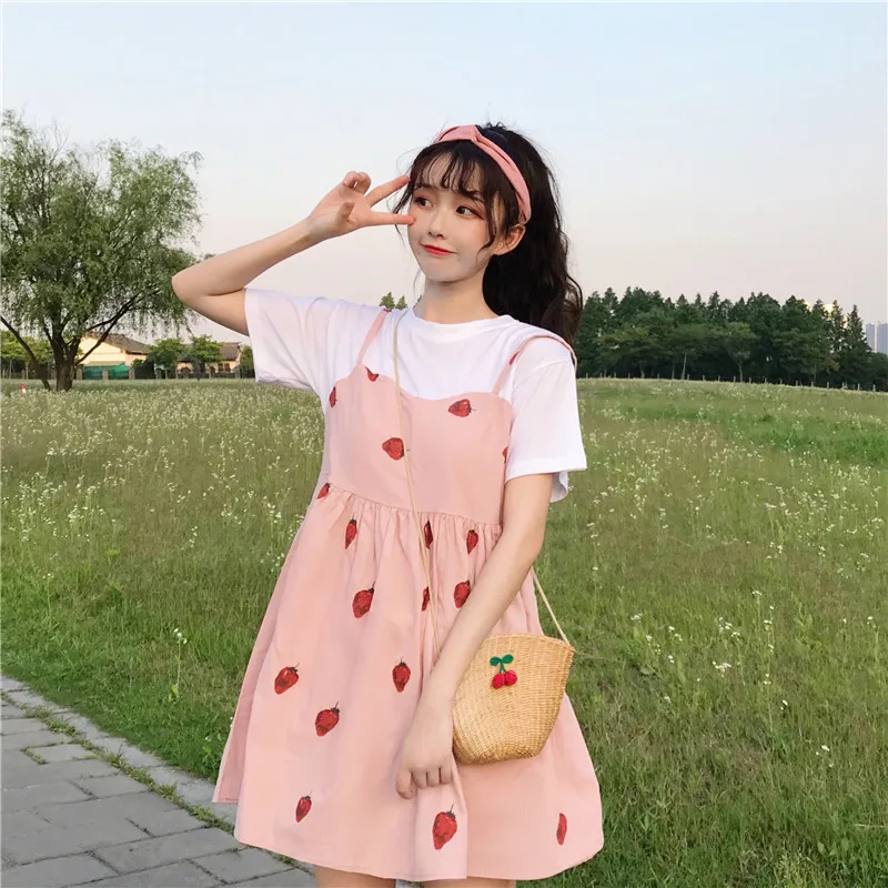 Новые летние милые платья в японском стиле для женщин, Kawaii, клубничный принт, короткий рукав, поддельные два предмета, платье для девочек, милое платьице