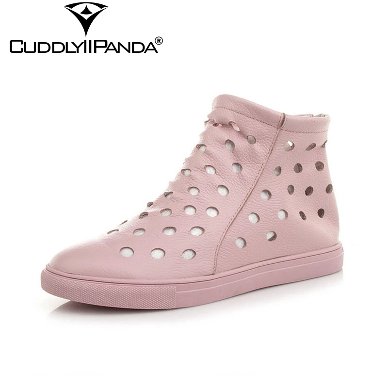 

CuddlyIIPanda Summer Hollow Out Women Sandals High Top Genuine Leather Wedge Gladiator Sandals Pure Pink White Sandalias