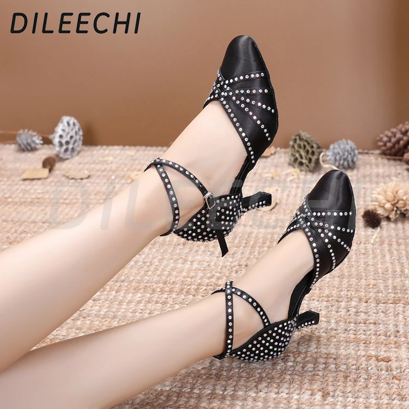 DILEECHI/Сатиновые туфли со стразами латинский современный танец женская обувь