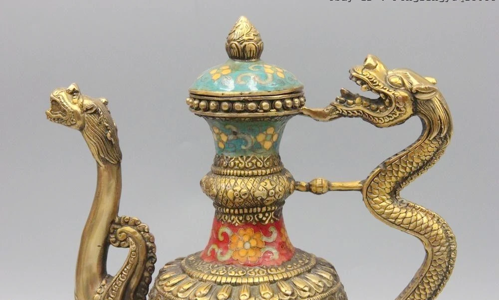 Тибетские бронзовые Перегородчатые эмаль Дракон Foo собака расписанный цветами