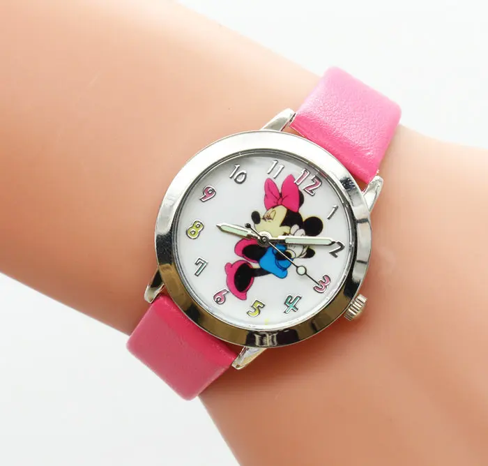 2016 модные часы с Микки и Минни Детские Мультяшные наручные кожаным ремешком