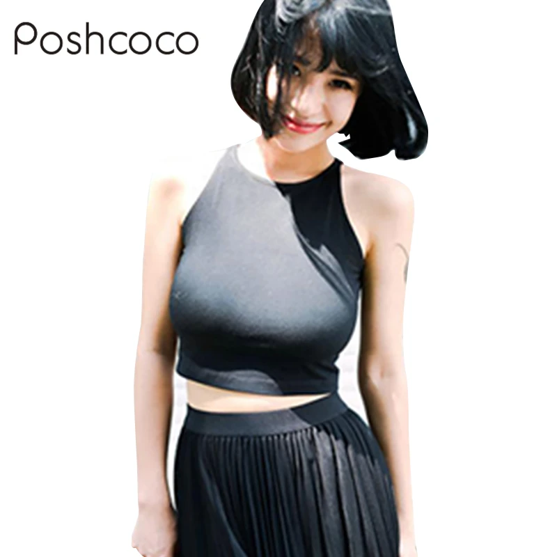 Poshcoco сексуальный эластичный хлопок укороченный топ Лето 2017 г. без рукавов