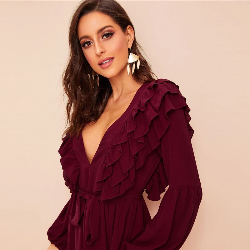SHEIN с глубоким вырезом на шее многослойное отделкой поясом Абаи платье темно-бордовый однотонный Гламурная глубокий v-образный вырез Для женщин платья