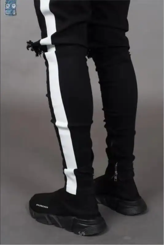 Новые мужские джинсы Pantalones уличные черные отверстия дизайнерские белые полосы