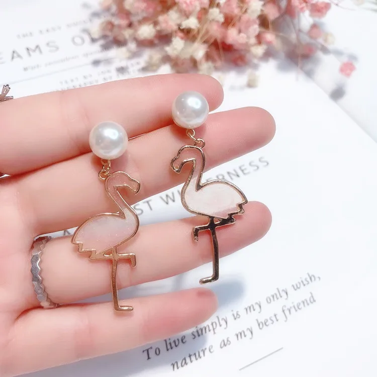 pink crane bird pearl earring Hypoallergenic fadeless fashion jewelry stud earrings women girl gift | Украшения и аксессуары