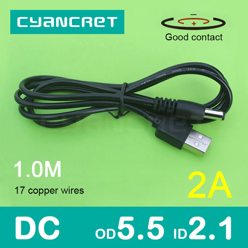 

Power Cable USB 2.0 to DC 5.5mm x 2.1mm 1.0M 2A Support 5V or 12V Charger Connector Cable for Table lamp Tablet MP3 MP4