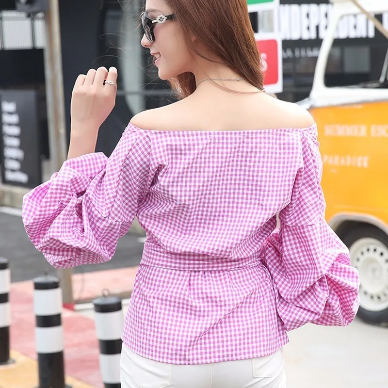 TWOTWINSTYLE Bow Plaid Shirt Female V Neck Lantern Sleeve Lace Up High Waist Pullover Shirts Fashion Spring Sweet Clothing |