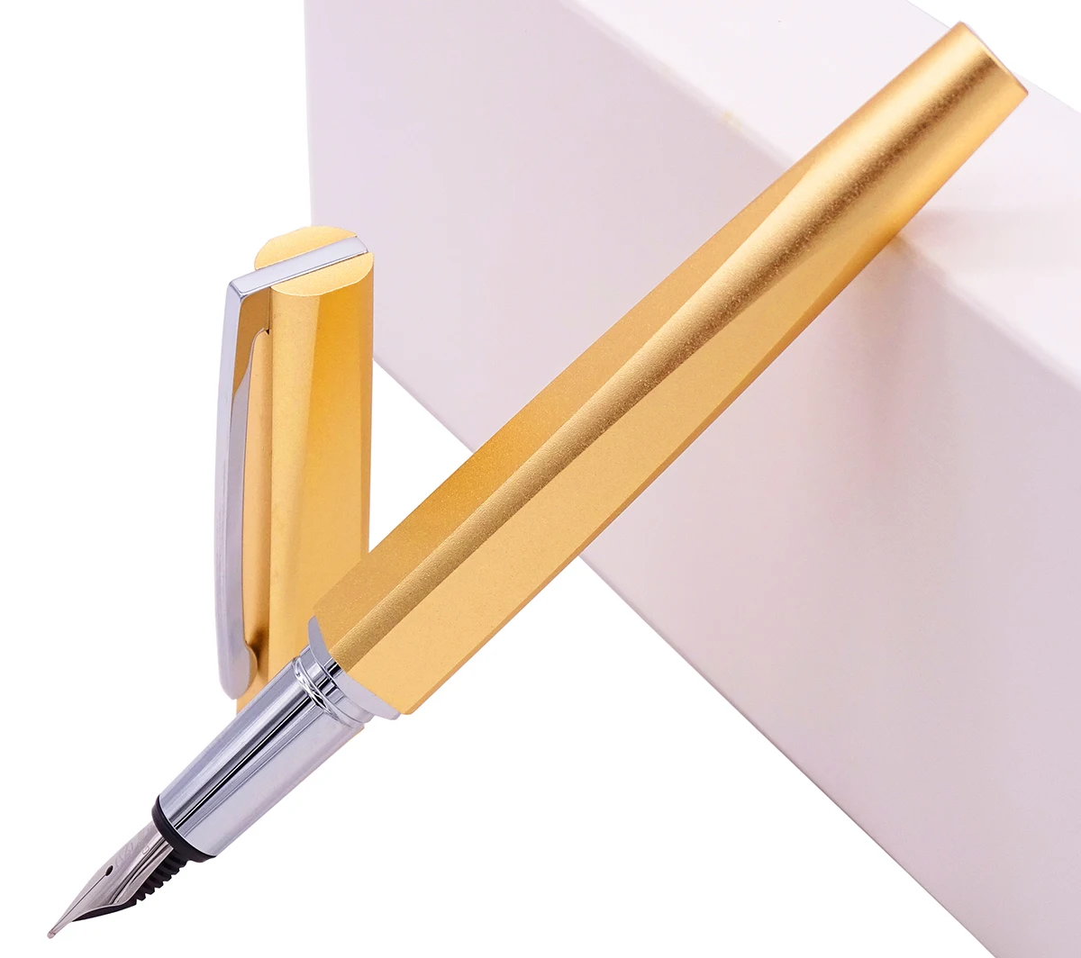 KACO SQUARE Luxury Aluminum Four Sides Gold Fountain Pen with Iron Box, Schmidt Converter & Fine Nib 0.5mm Gift Set for Office