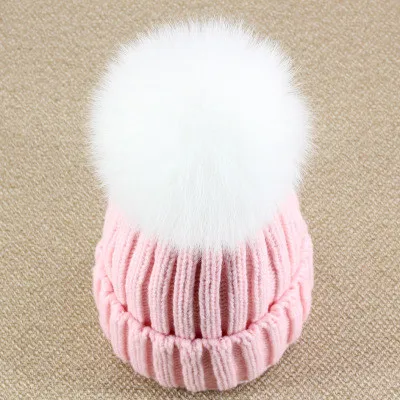 pink2 Которая в душе из натурального Лисьего меха, помпоны, зимние шапочки, шапка, сохраняющая тепло, для женщин и девушек, шерстяная шапка, меховой помпон, женская шапка - Цвет: pink2