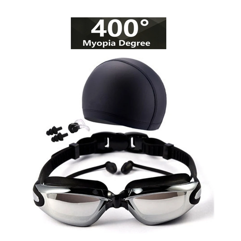 400Myopia 1 компл./3 шт. близорукость-150 до-700 градусов плавательные очки Анти-туман очки для плавания Очки с шляпой и беруши и зажимы для носа чехол - Цвет: 400Myopia