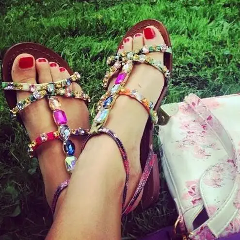 2018 мульти Цвет Кристалл Для женщин без каблука Сандалии для девочек смешанные