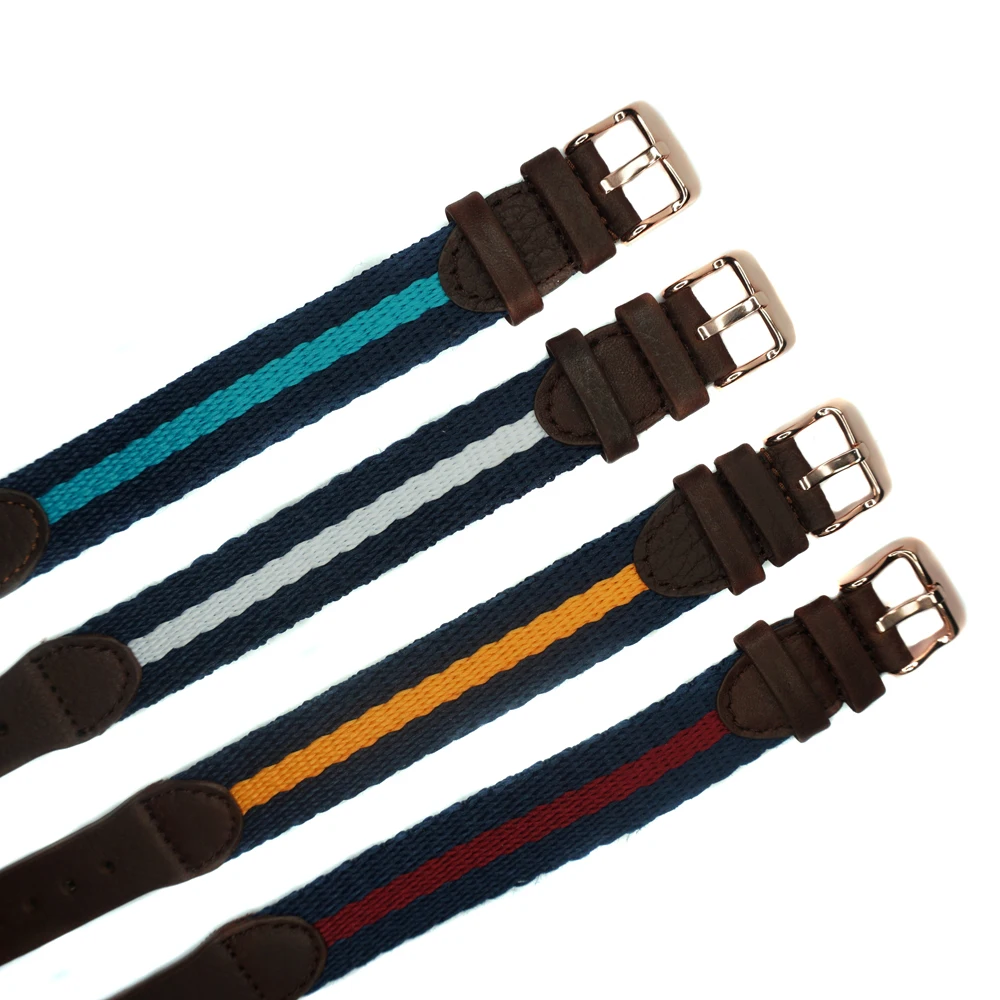 

YQI 18mm Nylon Watch Band Fiber Stripe Genuine Leather Strap Rose Gold Stainless Steel Buckle Men Woman for DW Watch