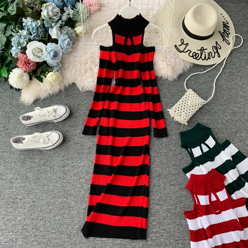 Женское трикотажное платье ALPHALMODA с открытыми плечами в полоску повседневное