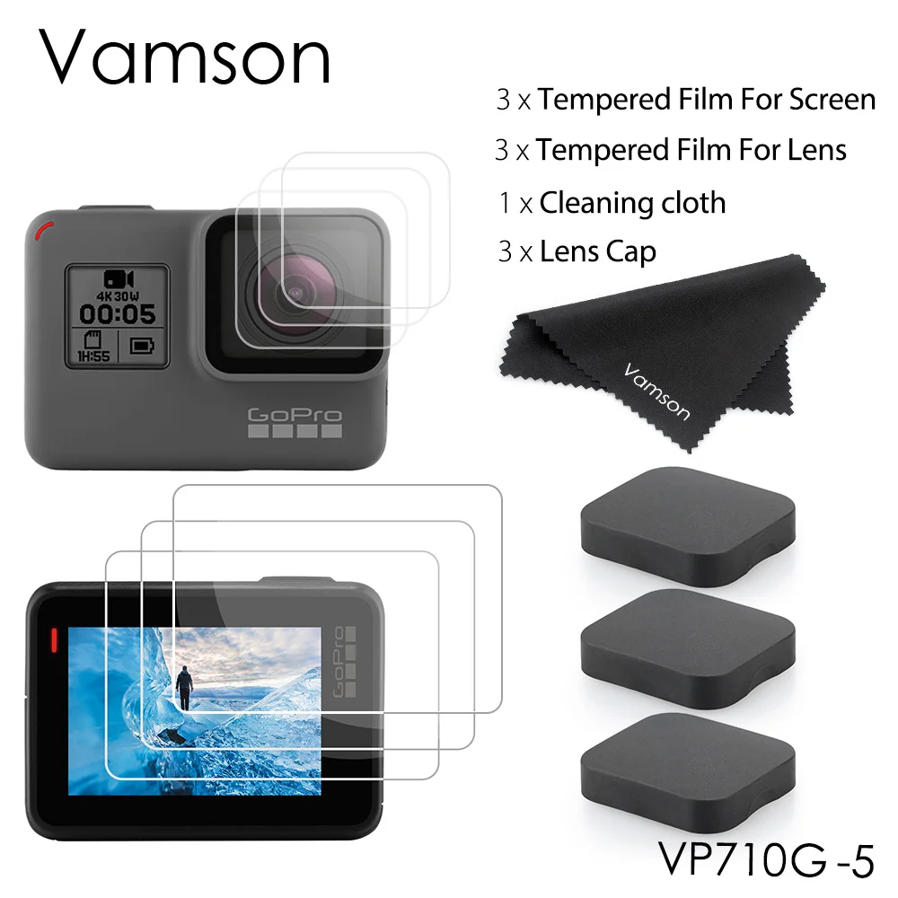 VP710G-5 Vamson для Go Pro Ультрапрозрачная защитная пленка из закаленного стекла+ защита объектива Защита от царапин для GoPro Hero 7 6 5Black VP710G - Цвет: VP710G-5