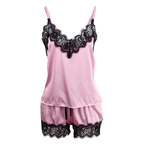 Pink Женские пижамы, кружевной топ и шорты, пижамные комплекты, летняя сексуальная пижама, атласная пижама, домашний костюм, женская пижама, одежда для сна для женщин - Цвет: Pink
