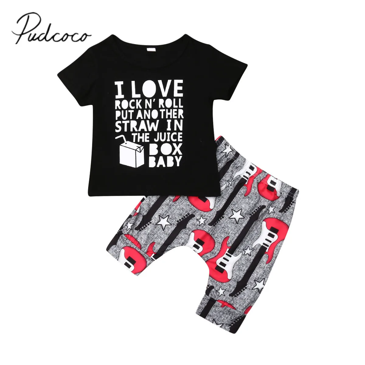 2019 Baby Summer Clothing Toddler Kid Boys Fashion Letter Tops T Shirt Tee Guitar Print Pants Tracksuit Outfit Set 1-4Y |